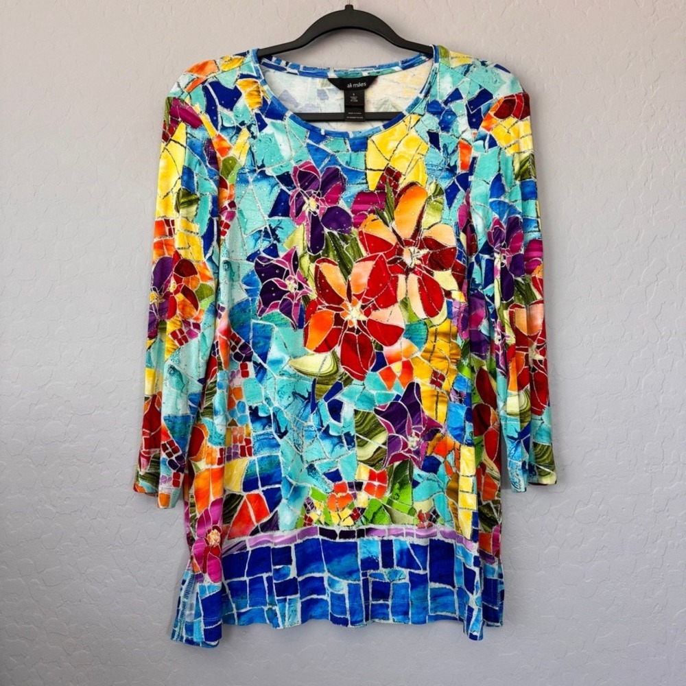 Ali Miles Small Tunic Top Multicolor 3/4 Sleeve Floral Mosaic Rhinestone Art